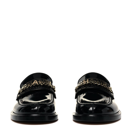 Chanel Shiny Calfskin Logo Loafers 38 Black 2 of 7
