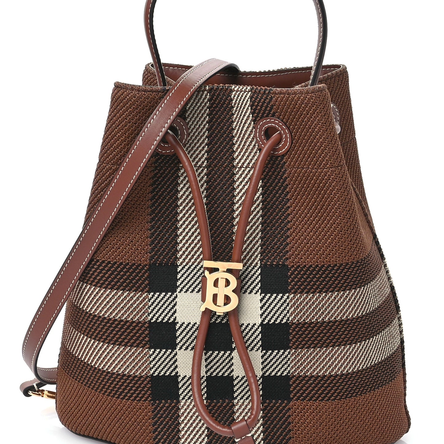 Knitted Check Calfskin TB Small Drawstring Bucket Bag Dark Birch Brown