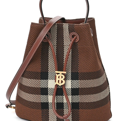 Burberry Knitted Check Calfskin TB Small Drawstring Bucket Bag Dark Birch Brown 8 of 11