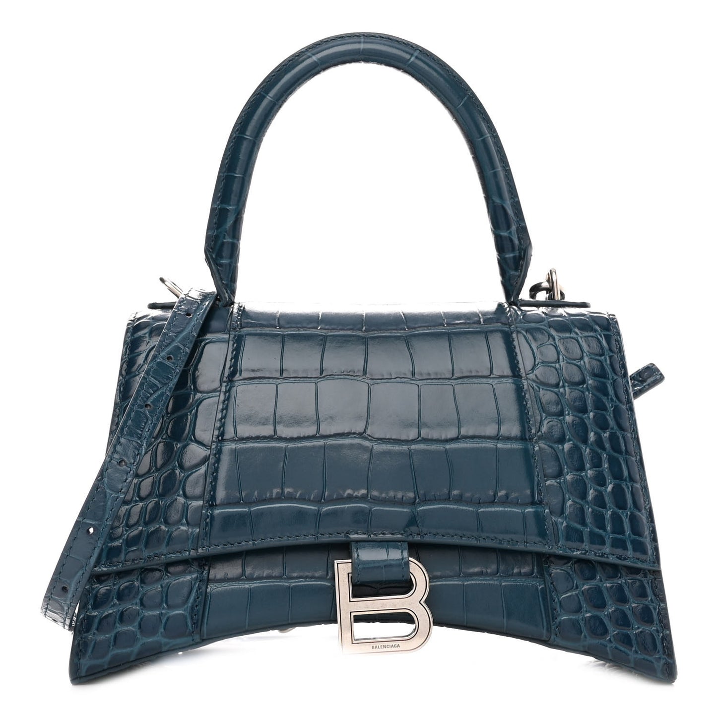 Shiny Calfskin Crocodile Embossed Small Hourglass Top Handle Bag Dark Petrol Blue