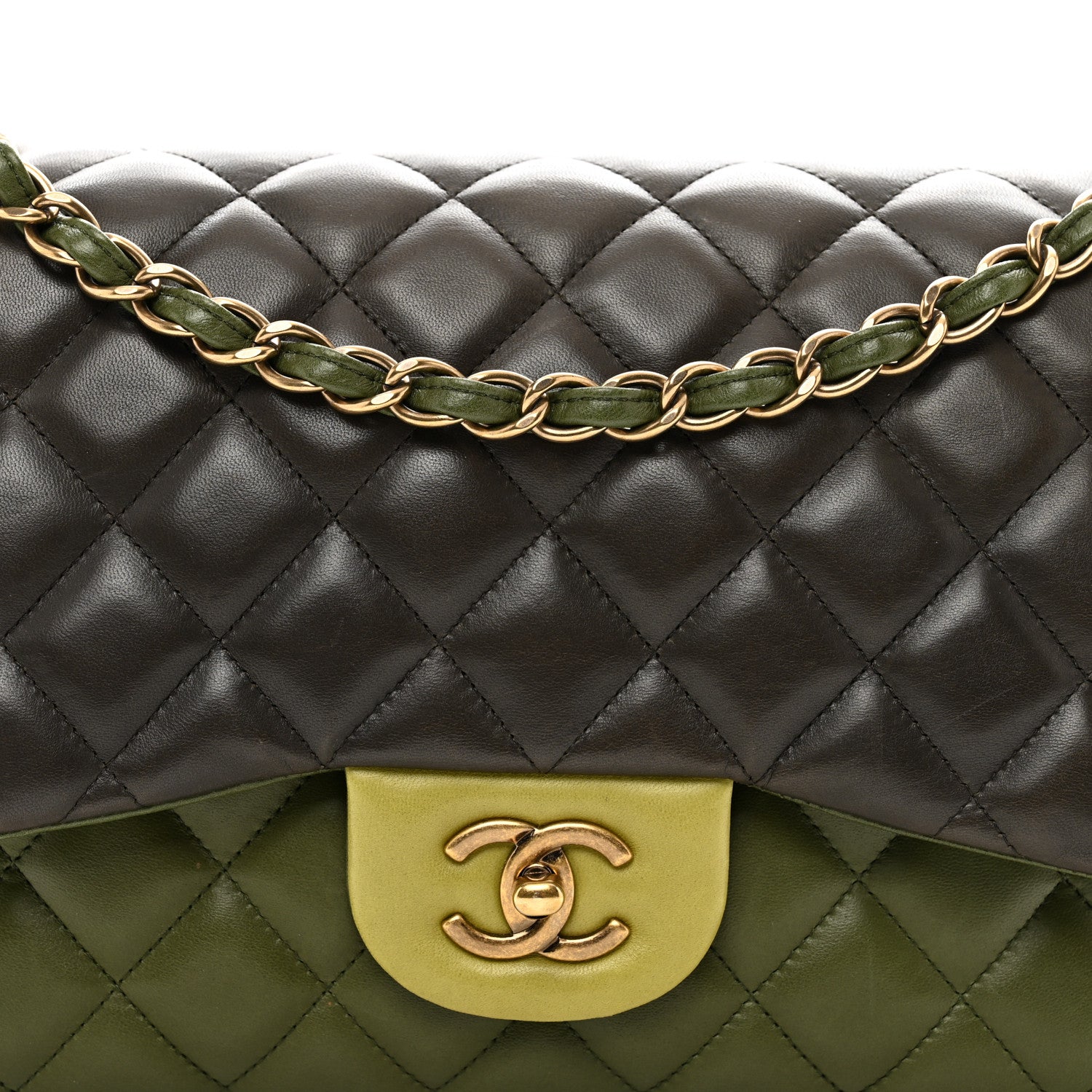 Chanel Lambskin Quilted Tri-Color Jumbo Double Flap Green Brown 5 of 12