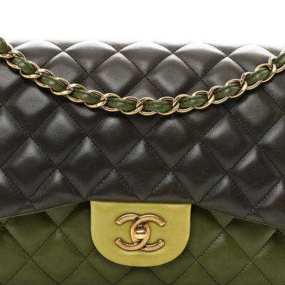 Chanel Lambskin Quilted Tri-Color Jumbo Double Flap Green Brown 5 of 12