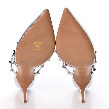 Valentino Garavani Metallic Pebbled Calfskin Rockstud 90mm Cage Mules 40 Silver 8 of 9