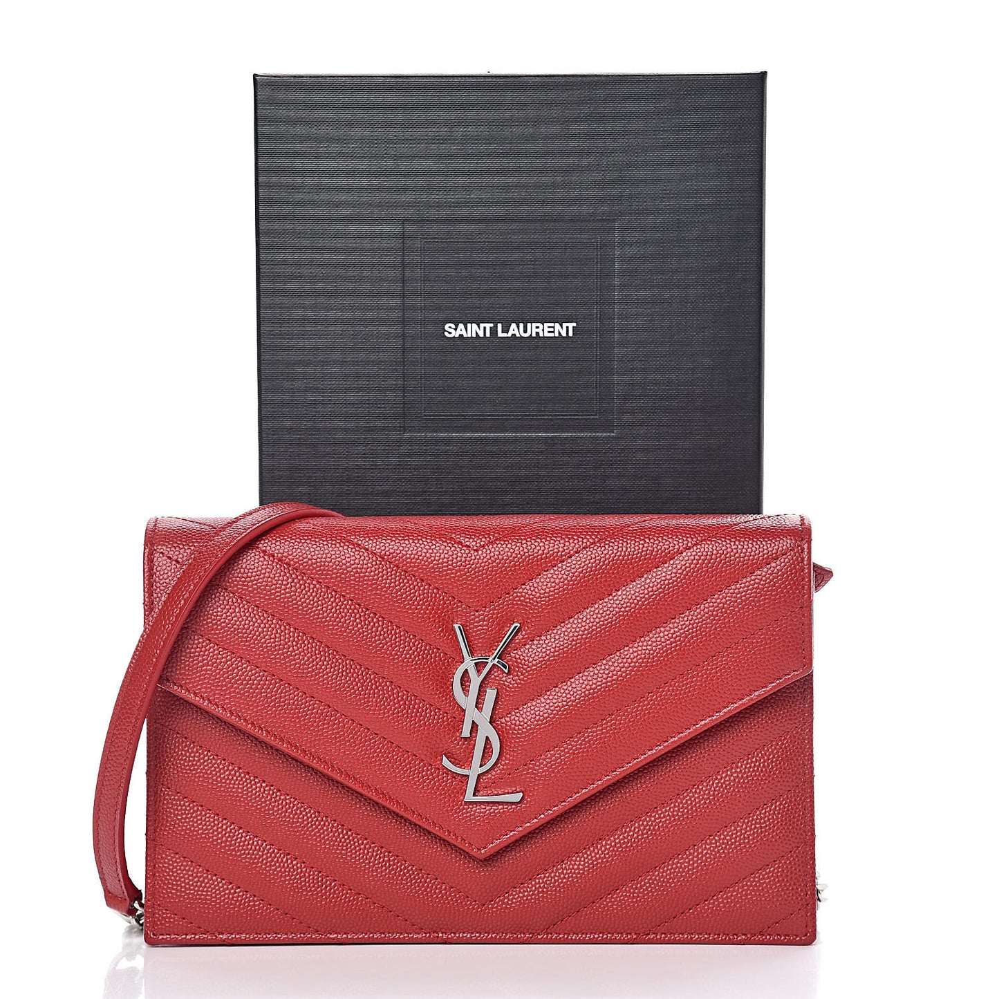 Grain De Poudre Matelasse Chevron Monogram Envelope Chain Wallet New Red