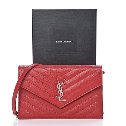 Saint Laurent Grain De Poudre Matelasse Chevron Monogram Envelope Chain Wallet New Red 9 of 9