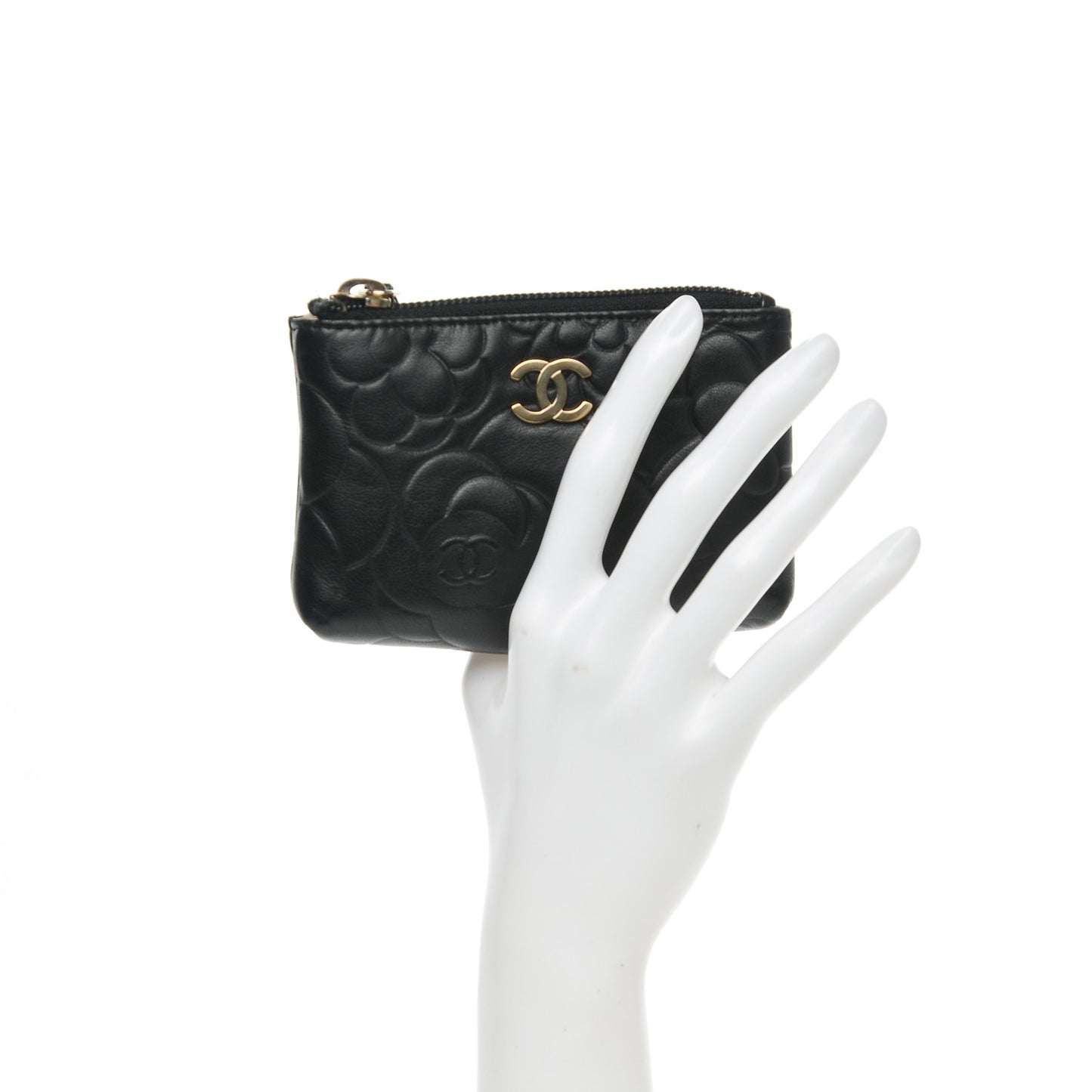 Lambskin Camellia Embossed Key Holder Case Black