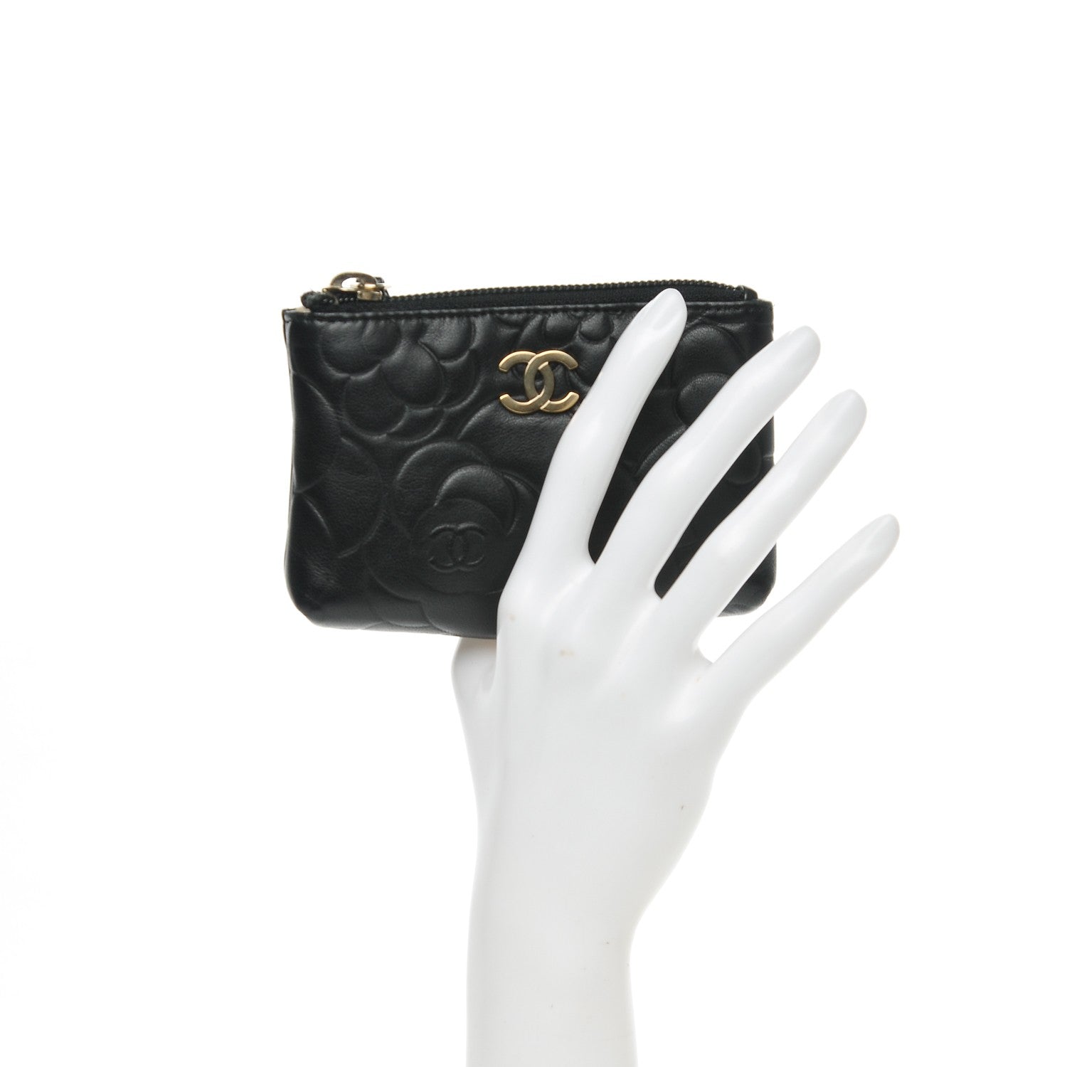Chanel Lambskin Camellia Embossed Key Holder Case Black 2 of 7