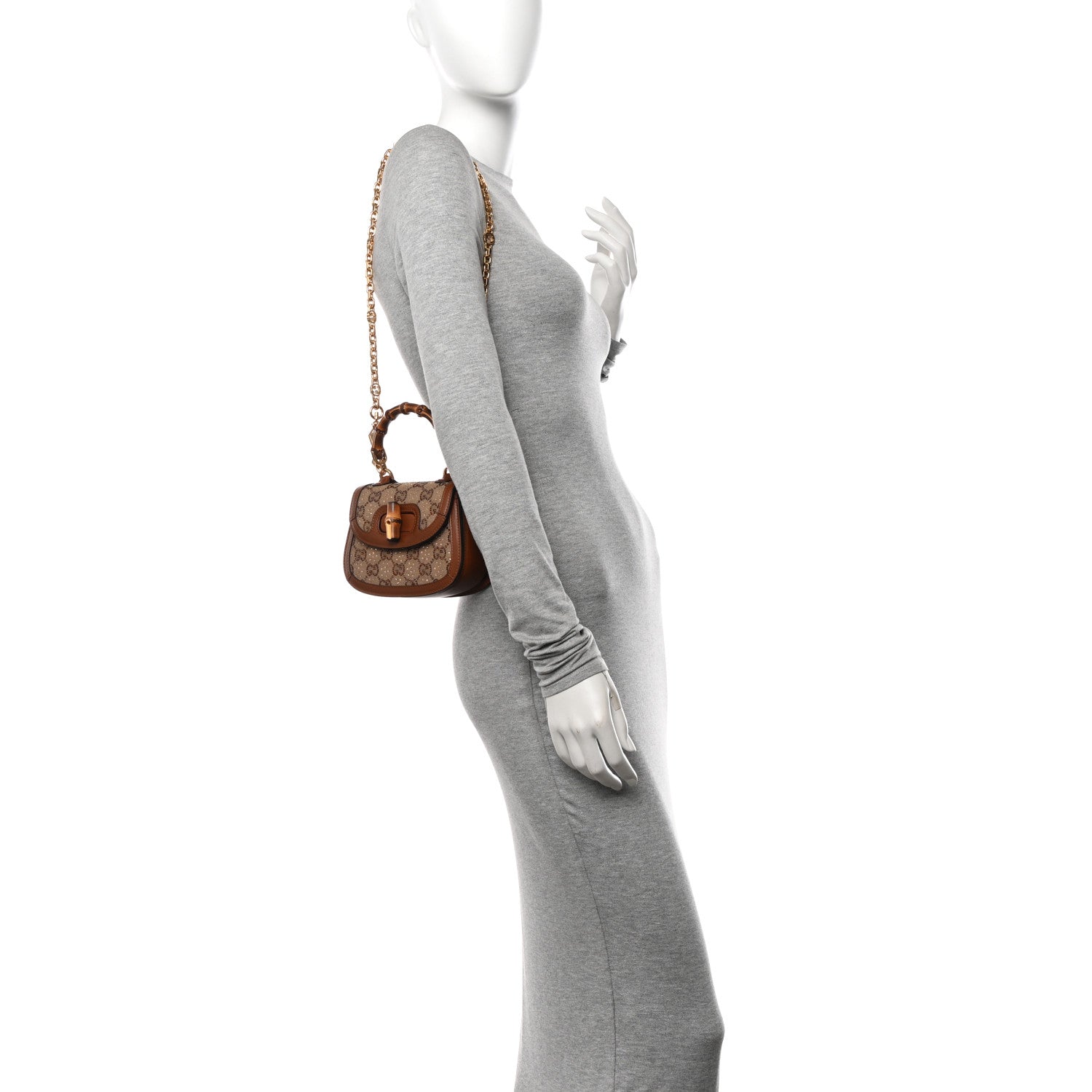 Gucci New Canvas Charisma Calfskin Crystal GG Monogram Small Bamboo 1947 Top Handle Bag Camel Ebony 2 of 11