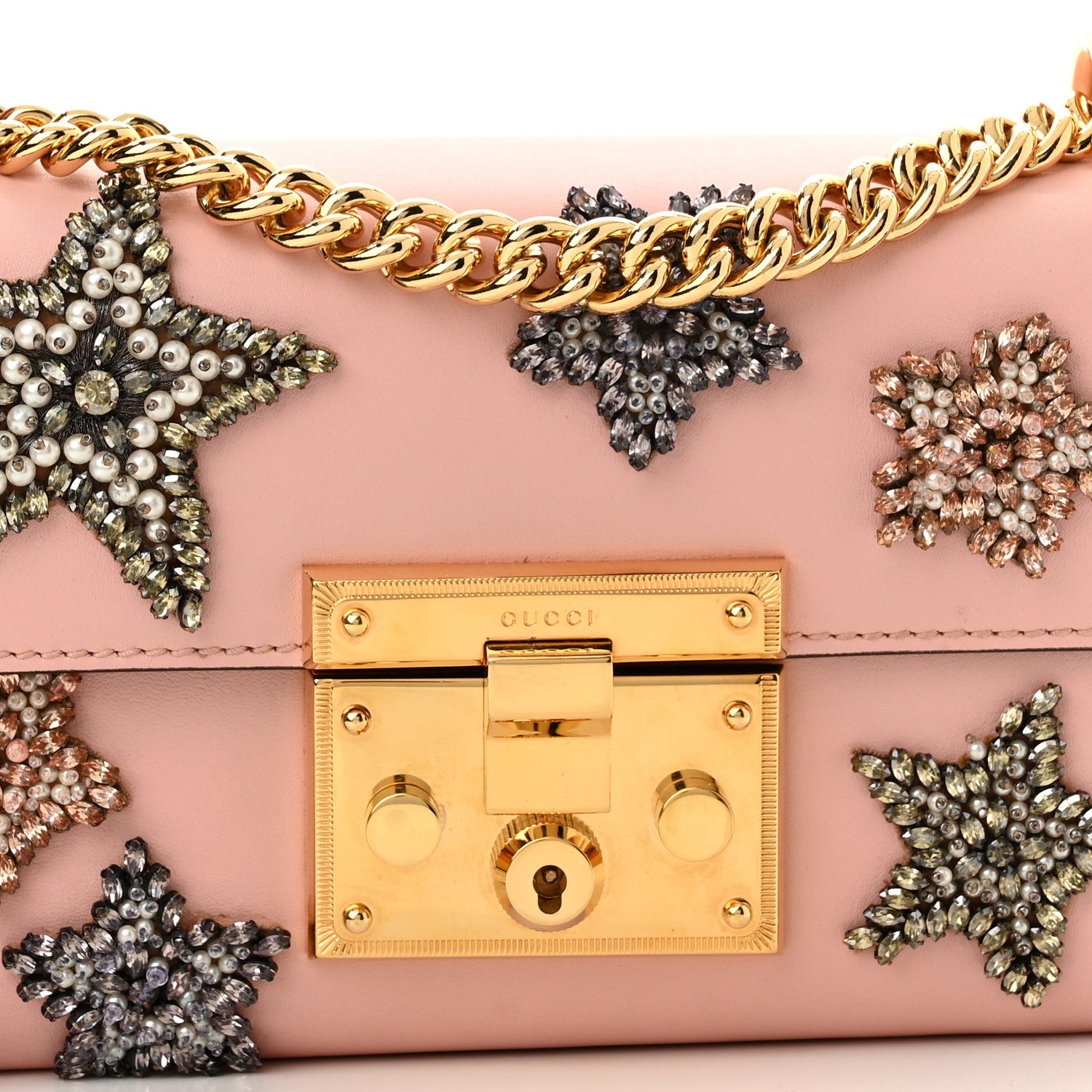 Gucci Calfskin Crystal Star Embroidered Small Padlock Shoulder Bag Perfect Pink Multicolor 7 of 9