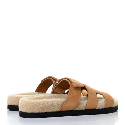 Hermes Suede Goatskin Woolskin Womens Chypre Sandals 37 Golden Beige 3 of 4