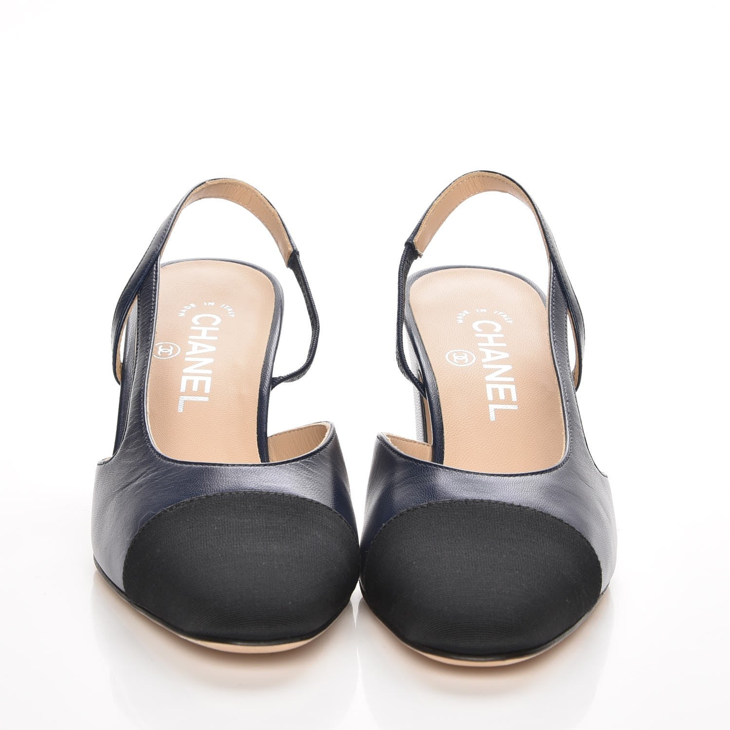 Chanel Lambskin Grosgrain Cap Toe CC Slingback Sandals 37.5 Navy Black 2 of 8