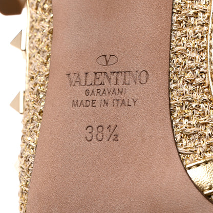 Valentino Garavani Boucle Raffia Metallic Calfskin Rockstud Ankle Strap 100mm Pumps 35 Gold Mekong 5 of 9