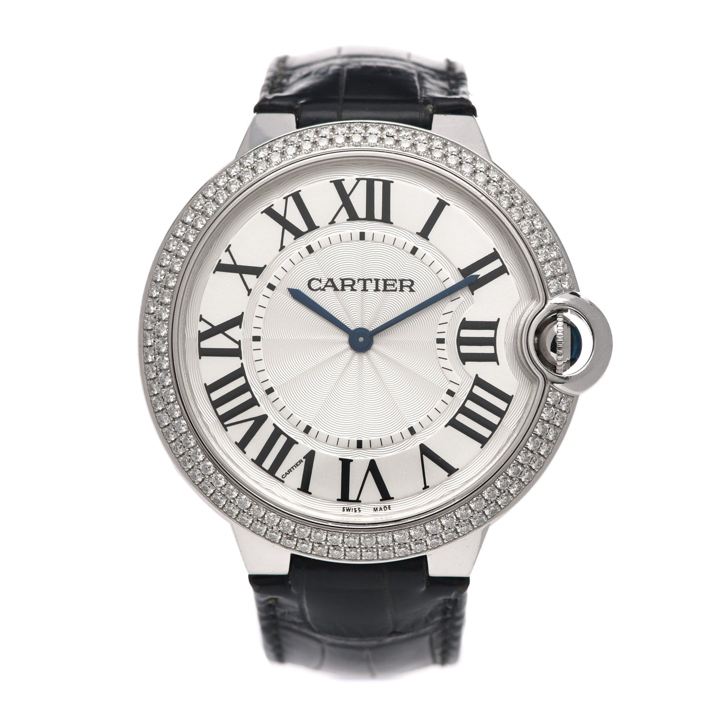 18K White Gold Alligator Diamond Pave Bezel 40mm Ballon Bleu De Cartier Manual Winding Watch