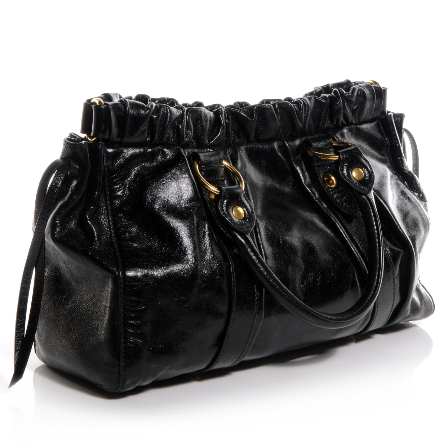 Vitello Lux Leather Gathered Tote Black