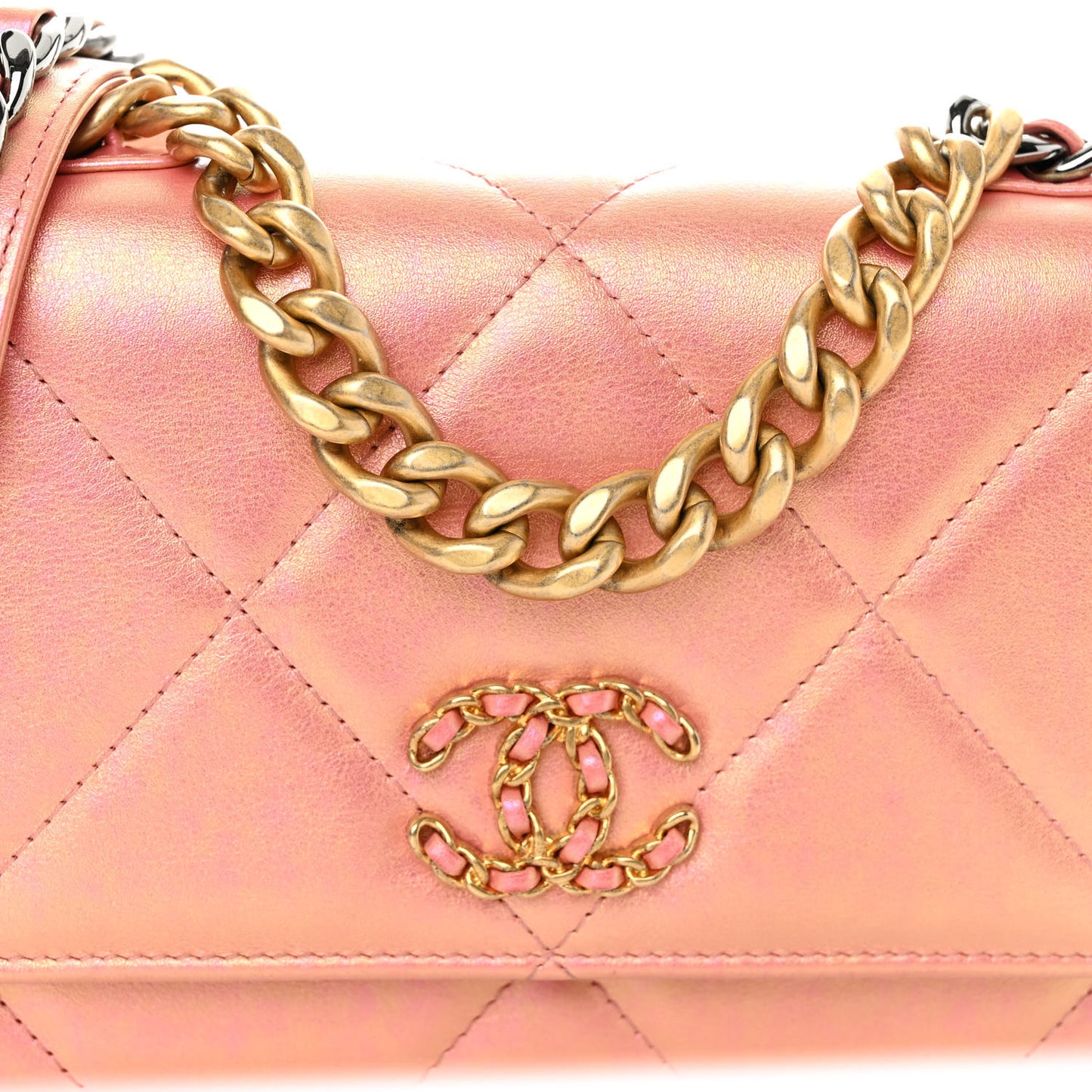 Iridescent Calfskin Quilted Chanel 19 Wallet On Chain WOC Pink