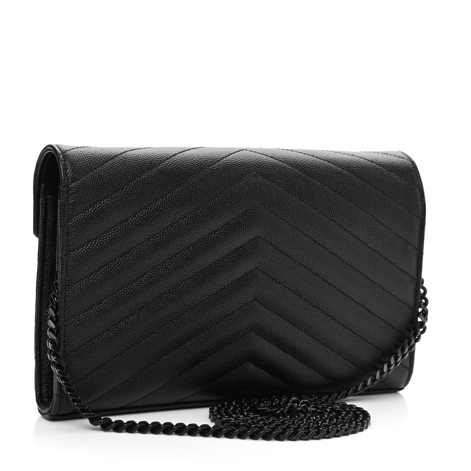 Saint Laurent Grain De Poudre Matelasse Chevron Monogram Monochrome Chain Wallet Black 2 of 10