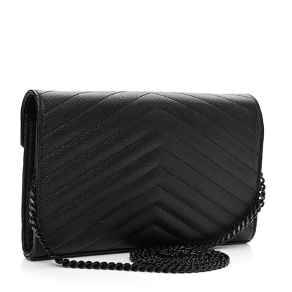 Saint Laurent Grain De Poudre Matelasse Chevron Monogram Monochrome Chain Wallet Black 2 of 10