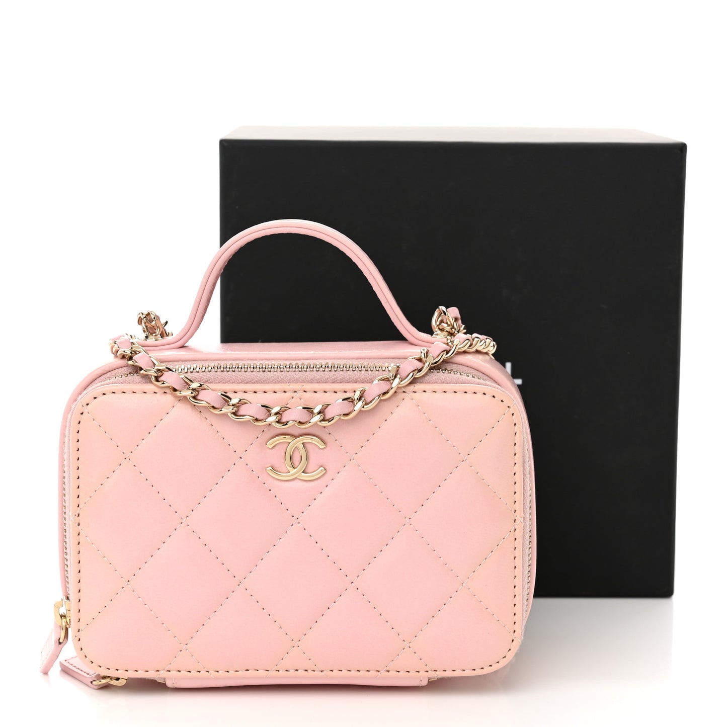 Glazed Calfskin Quilted Small Top Handle Vanity Case Light Pink