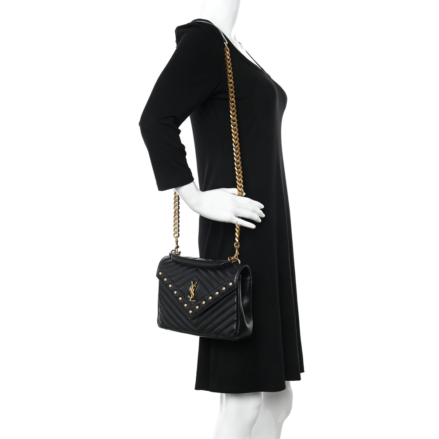 Calfskin Matelasse Chevron Studded Monogram Medium College Bag Black