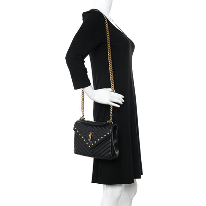 Saint Laurent Calfskin Matelasse Chevron Studded Monogram Medium College Bag Black 2 of 10