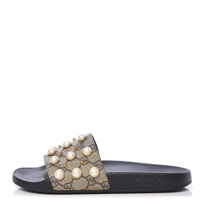 Gucci GG Supreme Monogram Pearls Slide Sandals 38 Beige 1 of 11