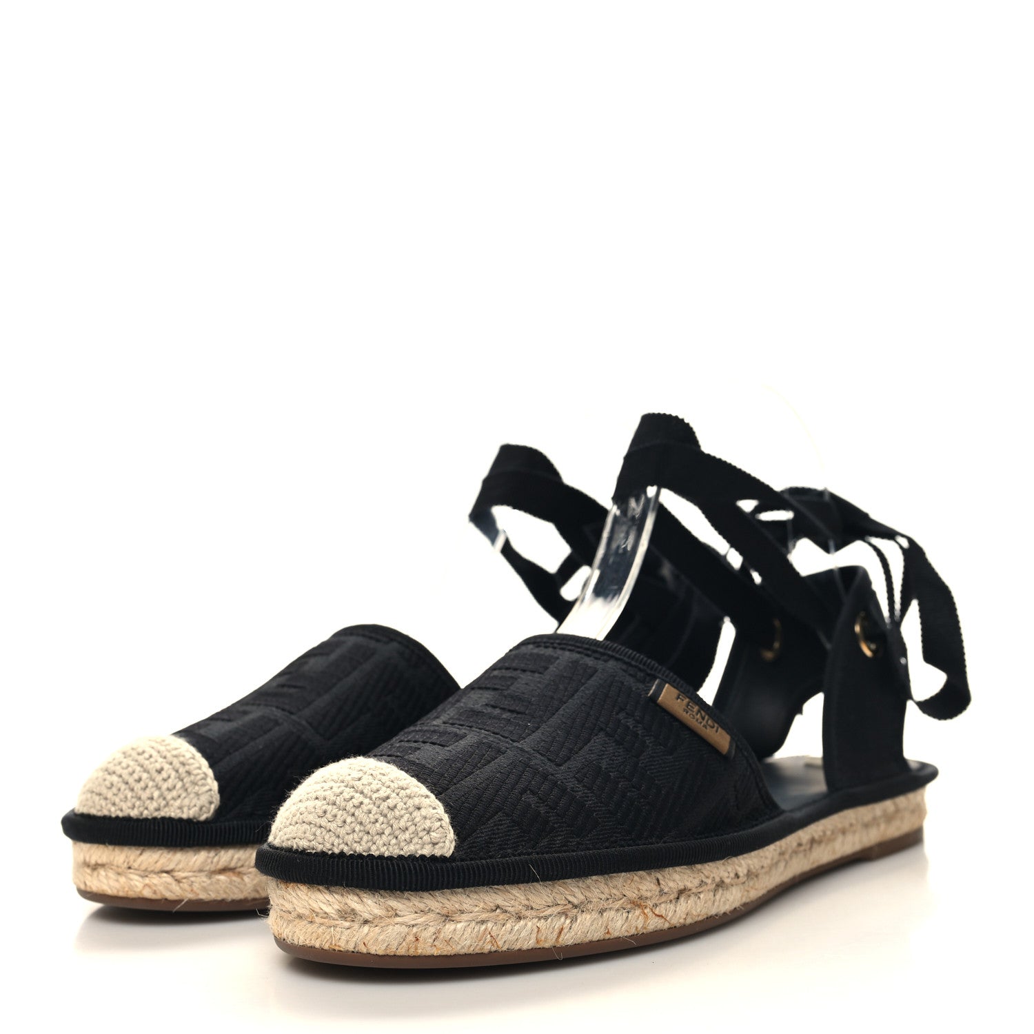 Fendi Canvas FF Embroidered Roma Ankle Wrap Flat Espadrilles 37.5 Black 3 of 8