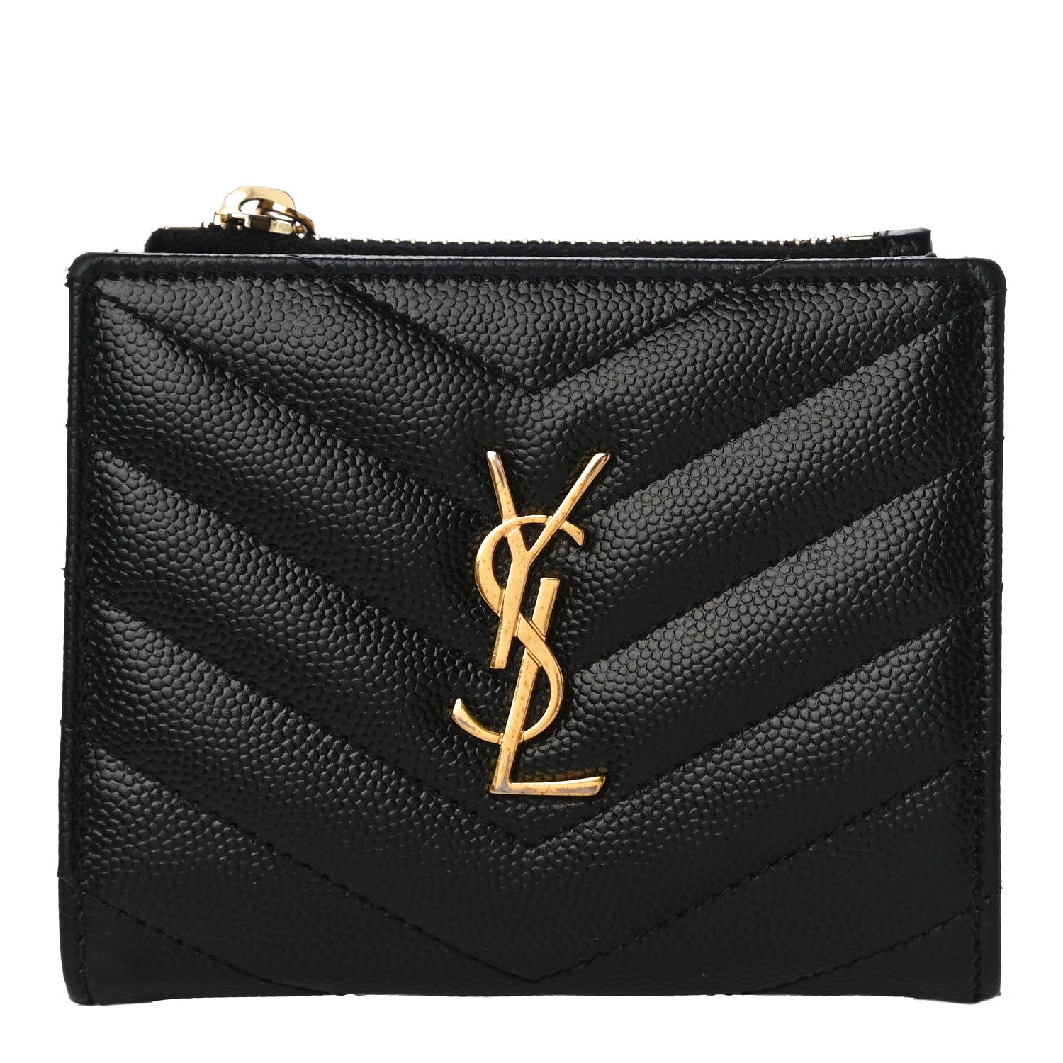 Saint Laurent Grain De Poudre Matelasse Chevron Monogram Zipped Card Case Black 1 of 9