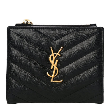 Saint Laurent Grain De Poudre Matelasse Chevron Monogram Zipped Card Case Black 1 of 9