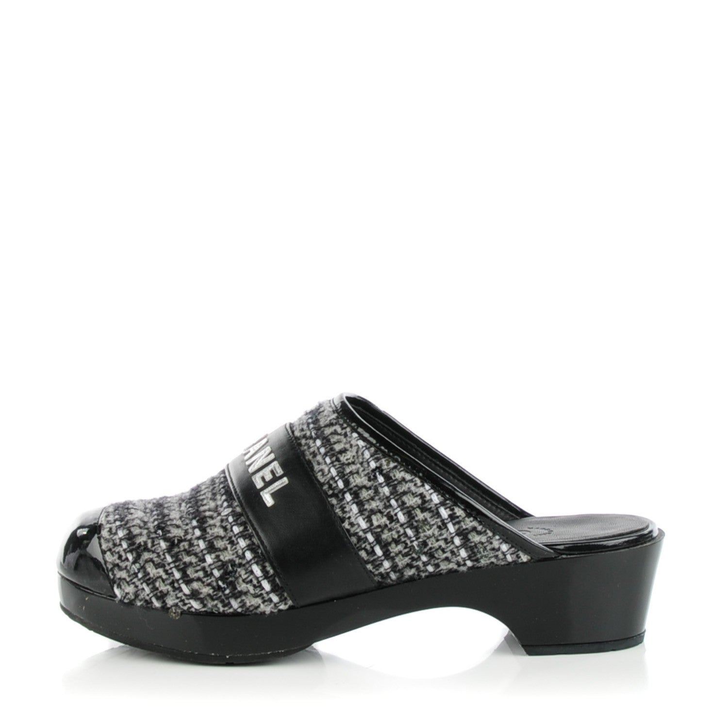 Chanel Patent Sequin Tweed Cap Toe Mules Black 38 1 of 8