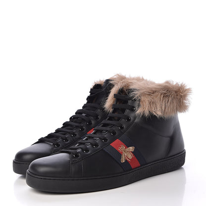 Gucci Calfskin Wool Web Bee Embroidered Mens Ace High Top Sneakers 12.5 Black 3 of 10
