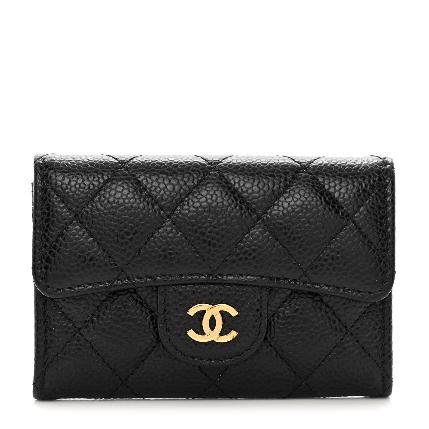 Caviar Quilted Flap Card Holder Wallet Black