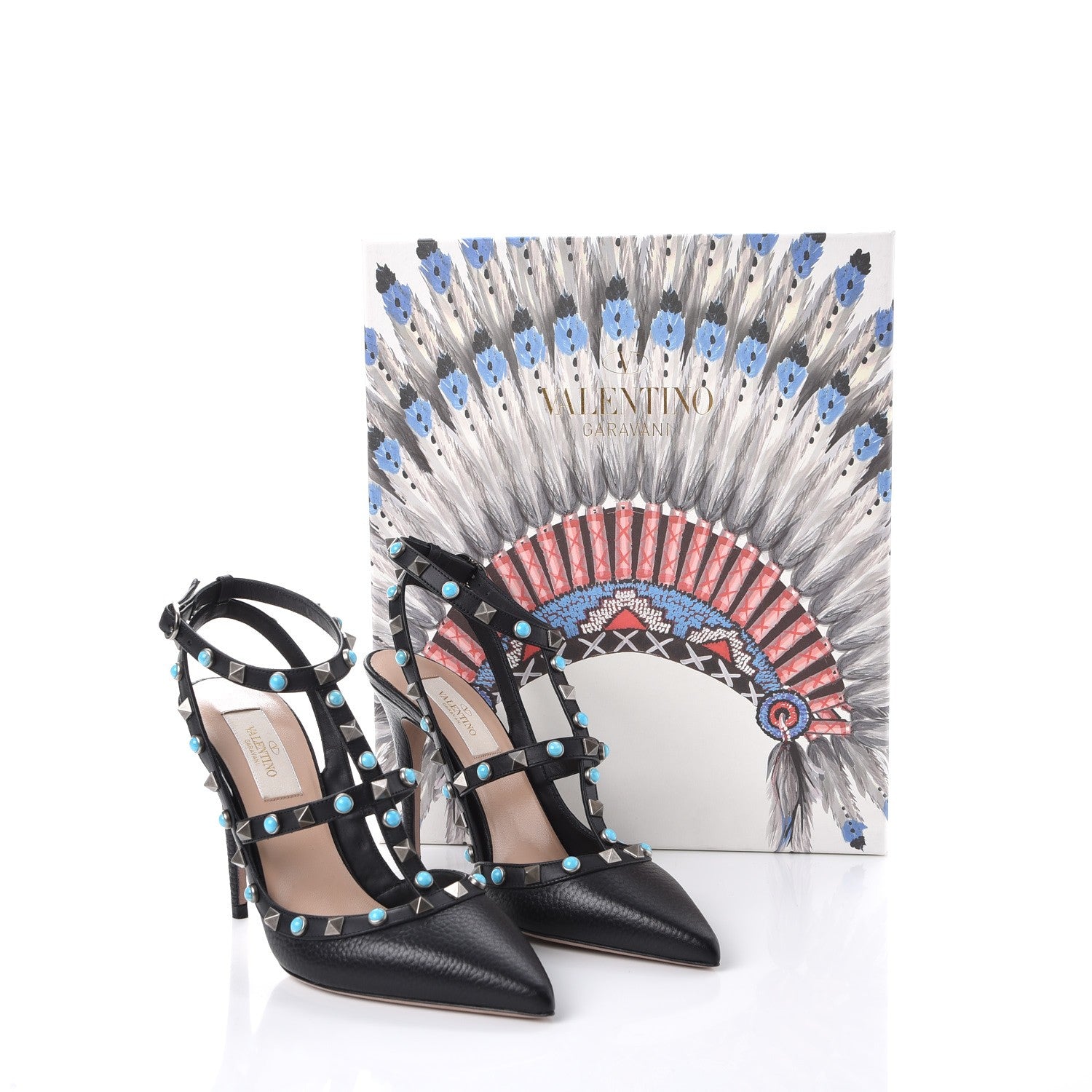 Valentino Garavani Pebbled Calfskin Turquoise Rockstud Rolling Ankle Strap 100mm Pumps 37 Black 9 of 9