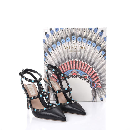 Valentino Garavani Pebbled Calfskin Turquoise Rockstud Rolling Ankle Strap 100mm Pumps 37 Black 9 of 9