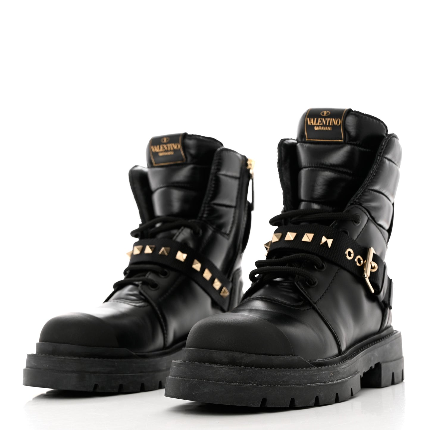 Calfskin Nylon Quilted Waterproof Rockstud Combat Boots 35.5 Black