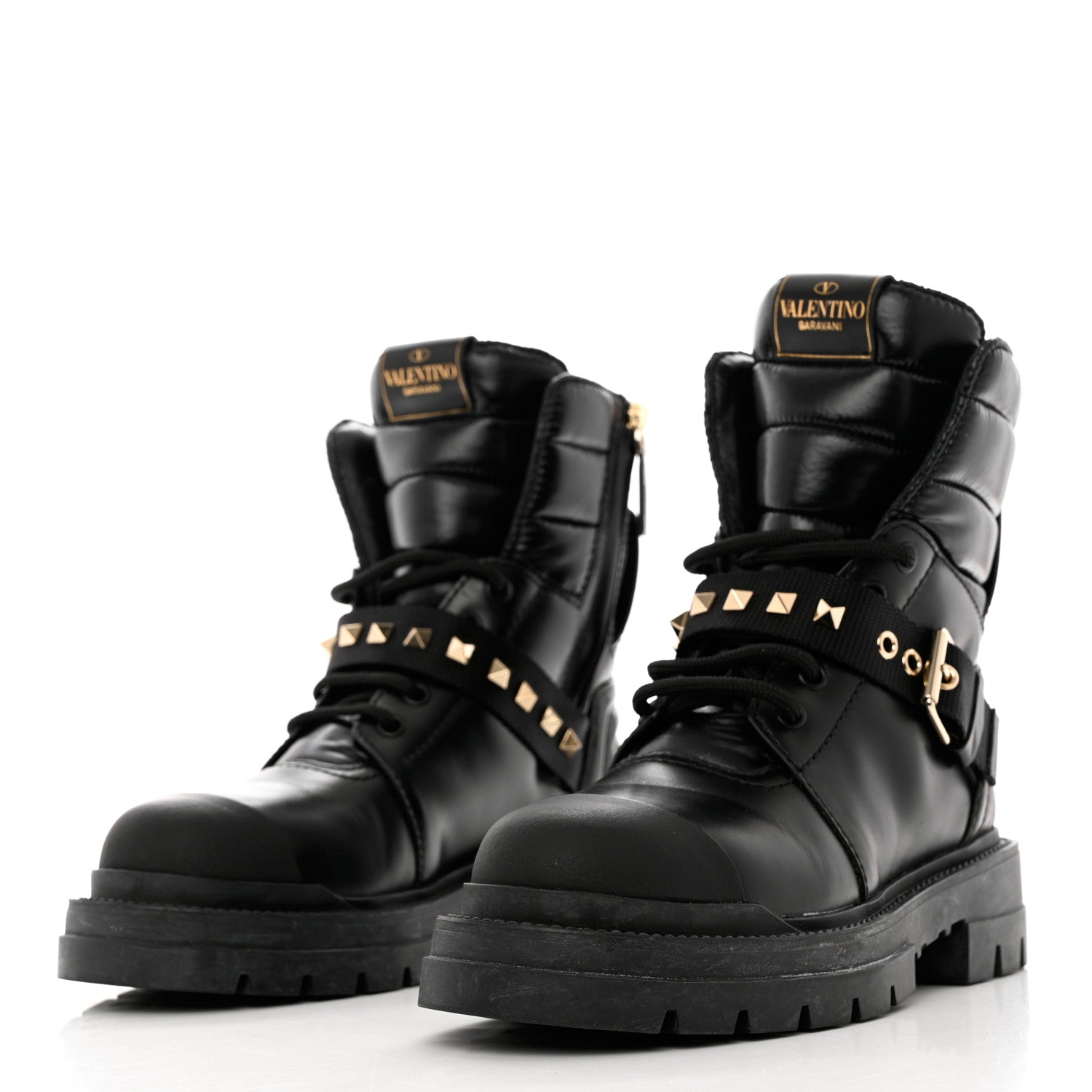 Valentino Garavani Calfskin Nylon Quilted Waterproof Rockstud Combat Boots 35.5 Black 3 of 10