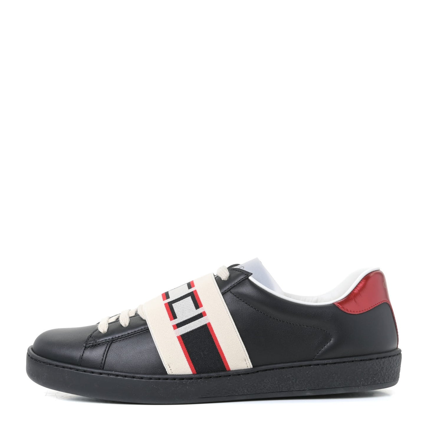Calfskin Stripe Mens New Ace Sneakers 7 Black Ecru Red Flame