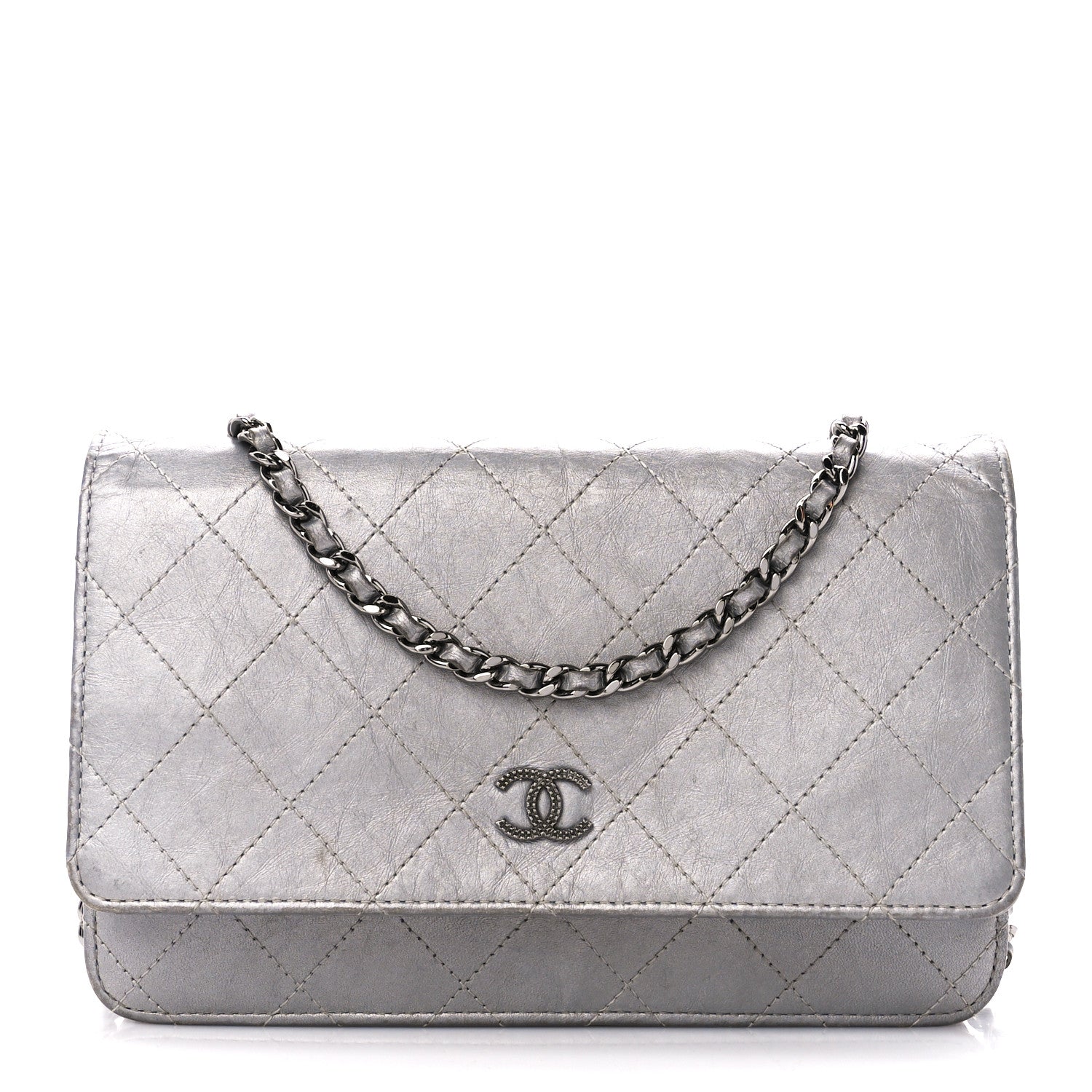 Chanel Metallic Aged Calfskin Quilted Wallet on Chain WOC Silver 1 of 11