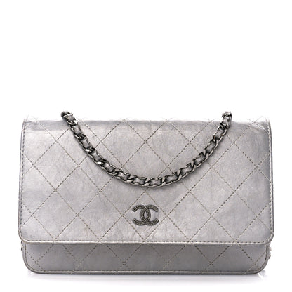 Chanel Metallic Aged Calfskin Quilted Wallet on Chain WOC Silver 1 of 11
