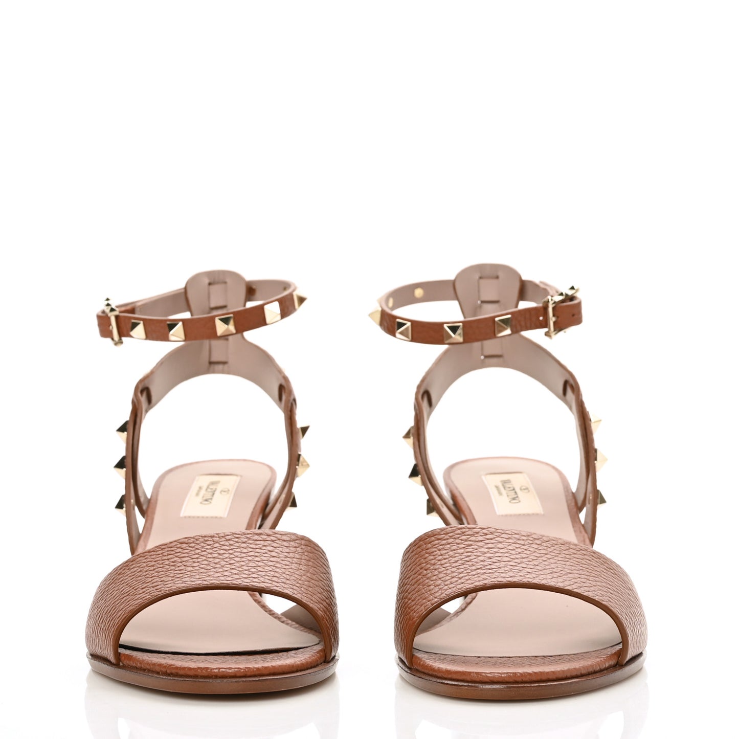 Pebbled Calfskin Rockstud Ankle Strap 60mm Sandals 39 Bright Cognac