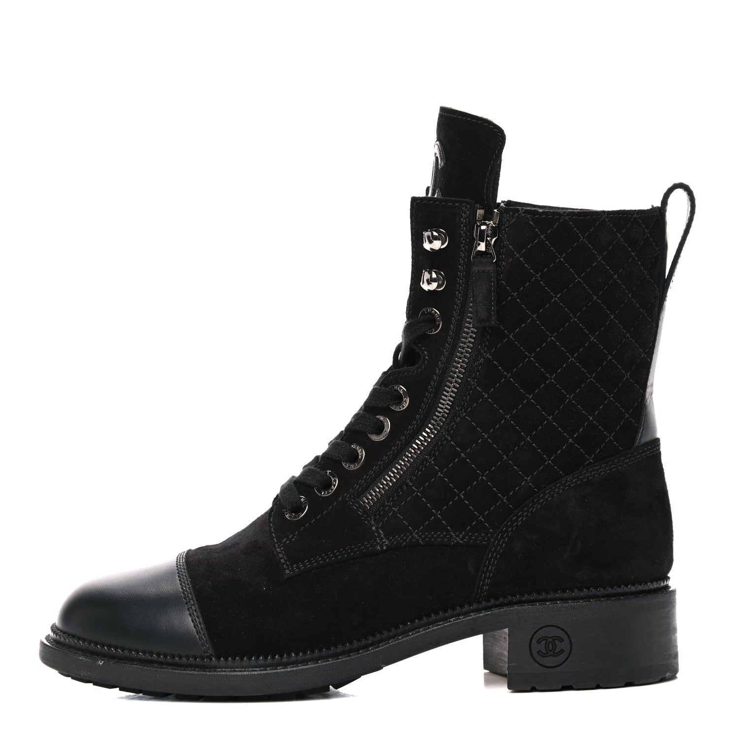 Chanel Suede Quilted CC Lace Up Combat Boots 41 Black 1 of 11