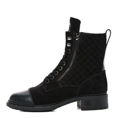 Chanel Suede Quilted CC Lace Up Combat Boots 41 Black 1 of 11