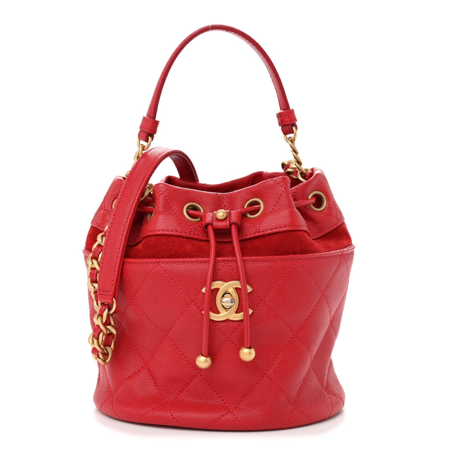 Chanel Caviar Suede Quilted Drawstring Bucket Bag Dark Red 1 of 11