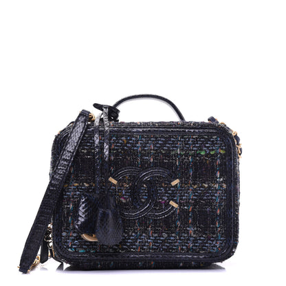 Chanel Tweed Snakeskin Quilted Medium CC Filigree Vanity Case Dark Navy 1 of 19