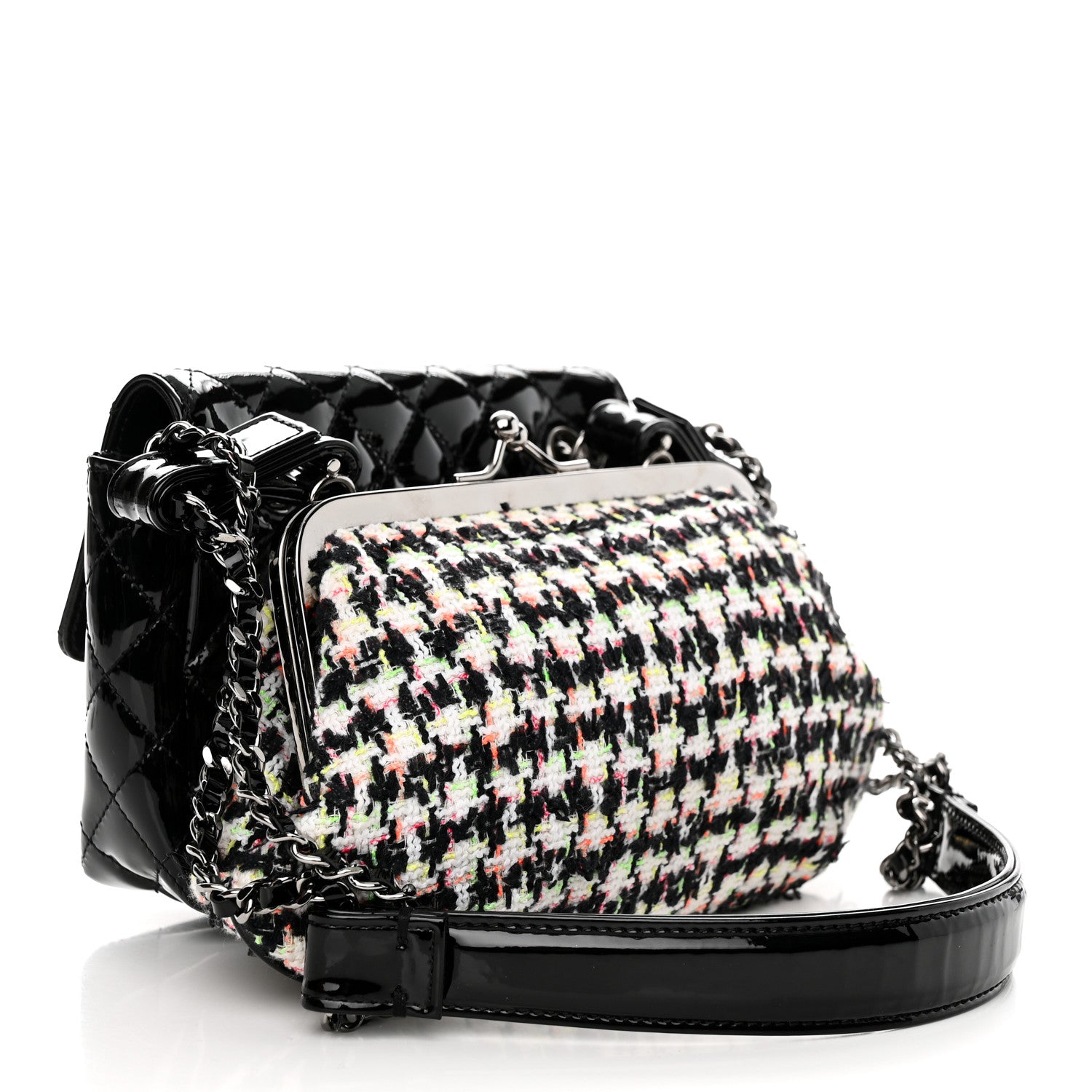 Chanel Patent Tweed Mini Kiss Lock Flap Double Bag Black Multicolor 3 of 12
