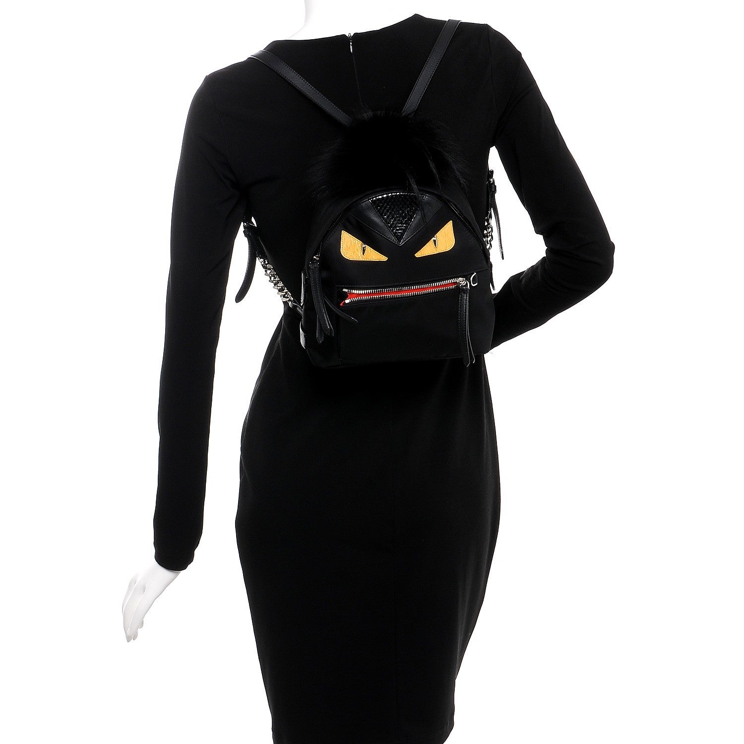 Fendi Nylon Vitello Dolce Goat Fox Fur Crocodile Monster Eyes Mini Backpack Black Sunflower 2 of 8