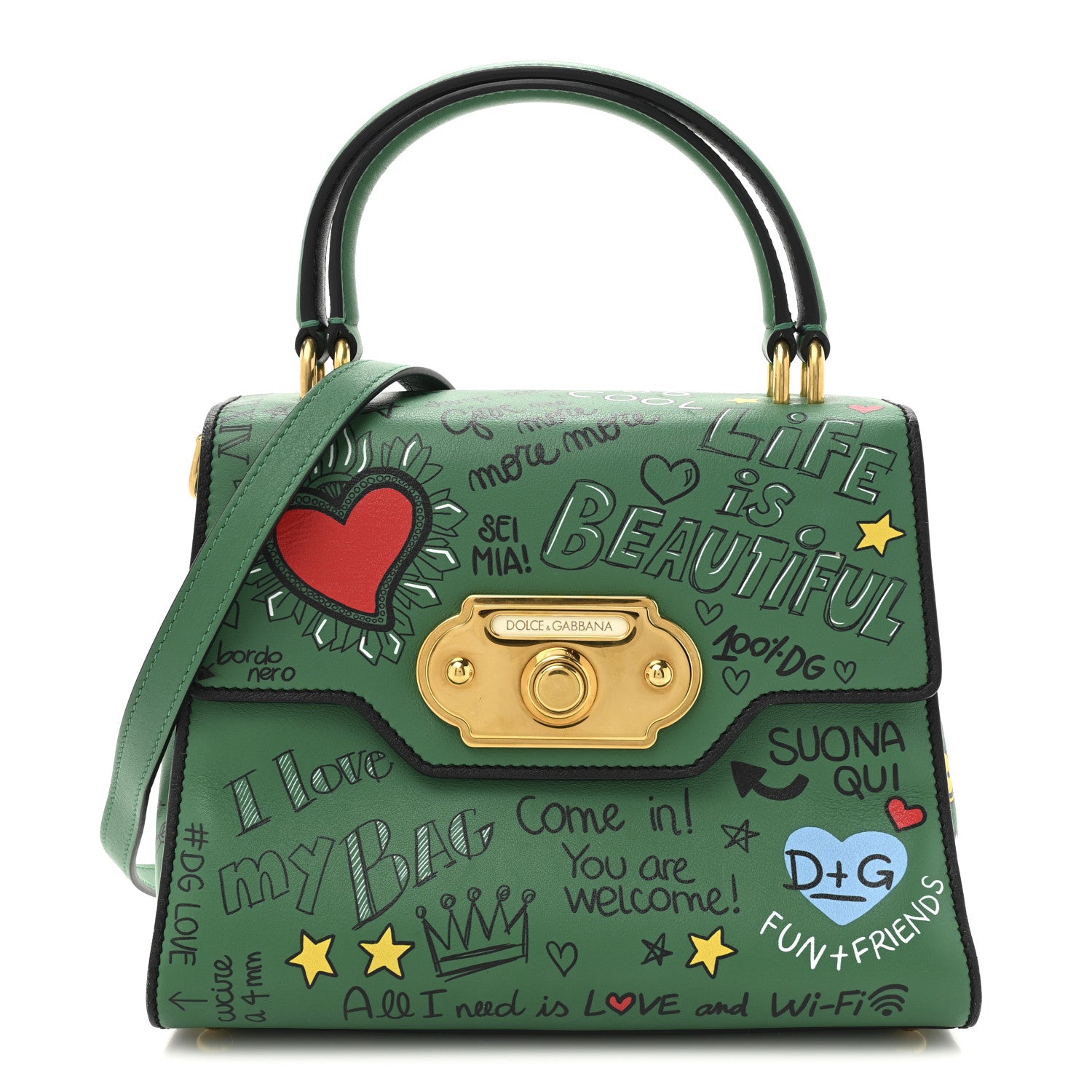 Dolce & Gabbana Calfskin Graffiti Printed Welcome Satchel Green Multicolor 1 of 14