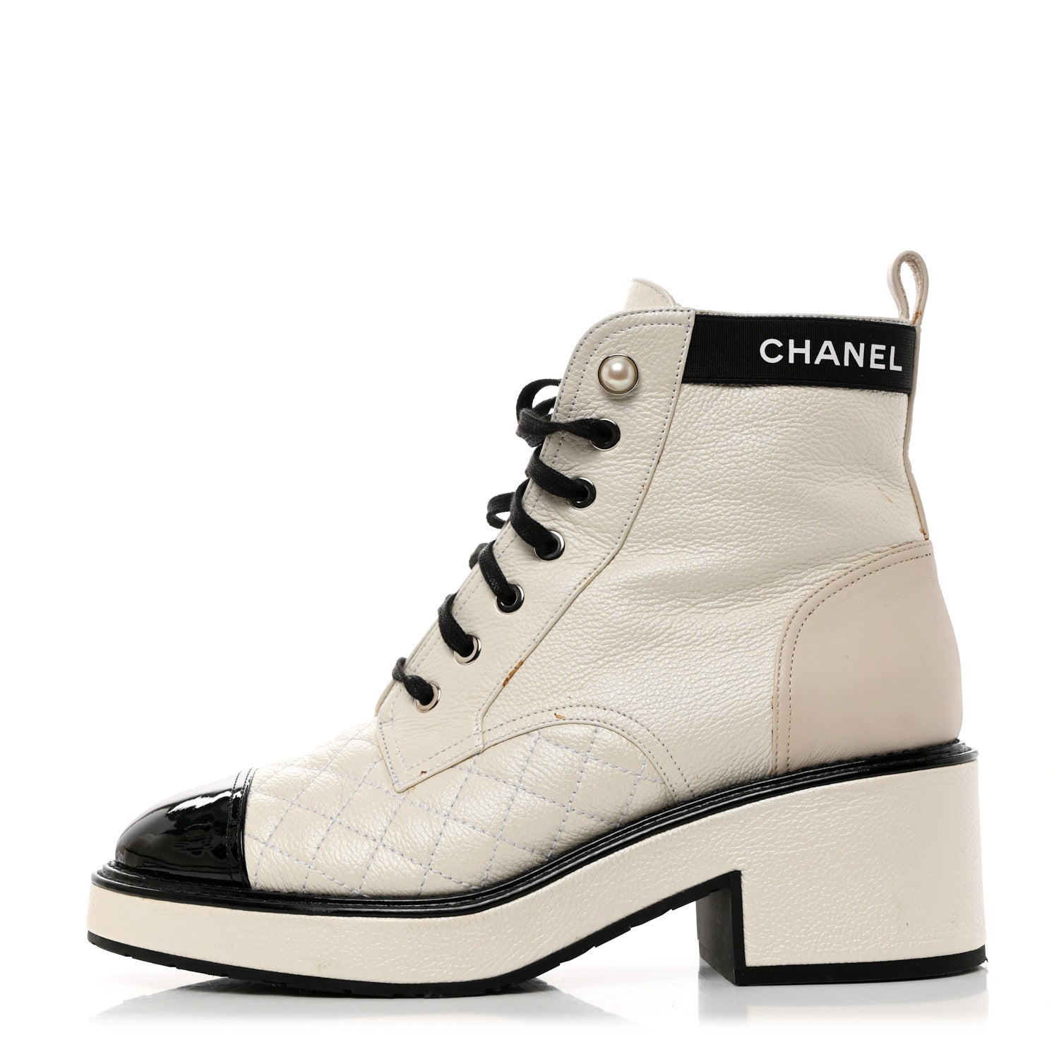Chanel Pearly Calfskin Patent Calfskin Quilted Lace Up Boots 37.5 White Light Gray Black 1 of 12
