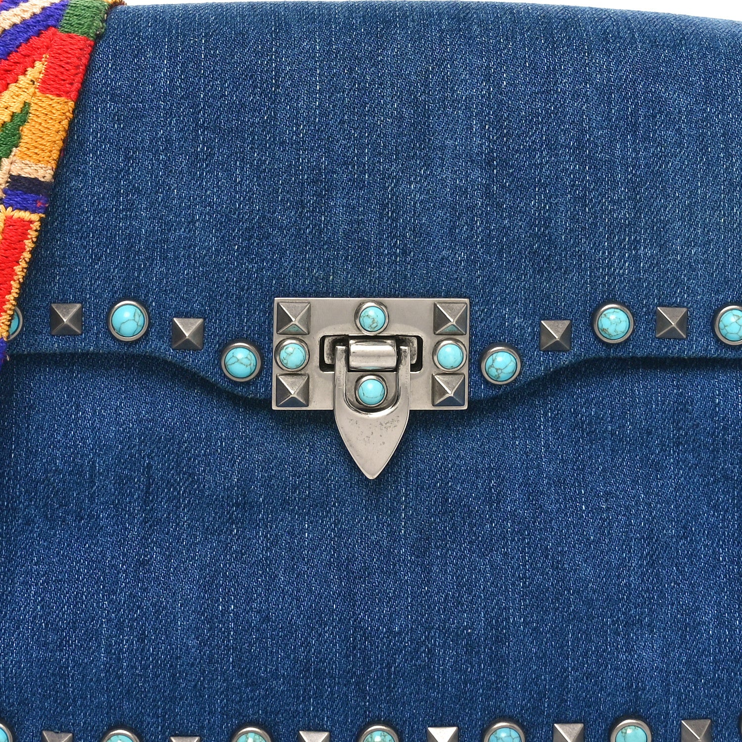 Valentino Garavani Denim Medium Guitar Strap Rockstud Rolling Flap Saddle Bag 7 of 11