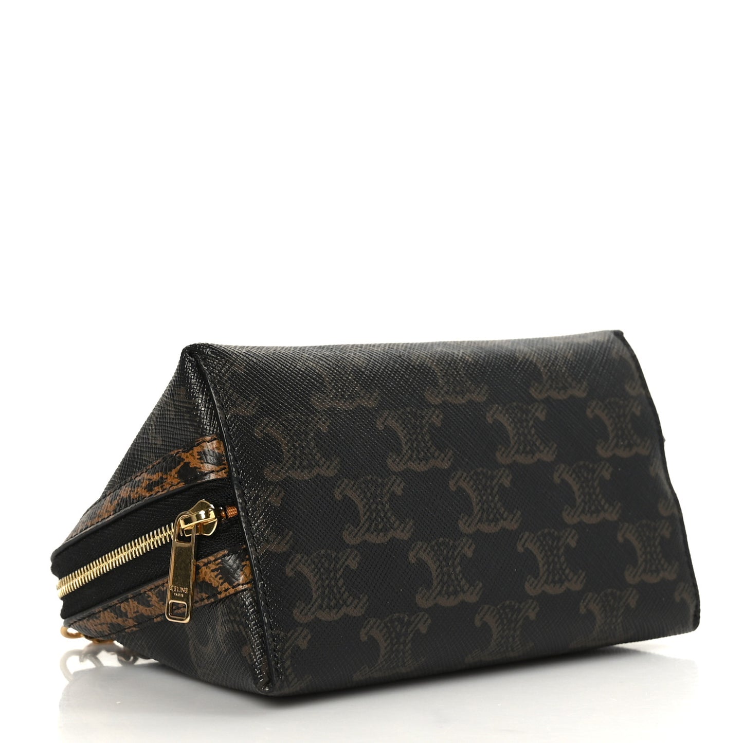 Triomphe Canvas Calfskin Leopard Print Mini Clutch on Chain Black Tan