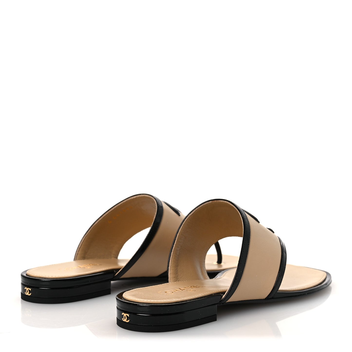 Lambskin Patent Calfskin CC Thong Sandals 38 Beige Black